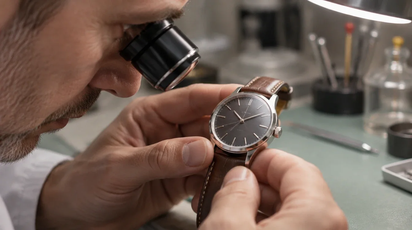 A watchmaker examining a marked watch crystal with a loupe before choosing a repair.