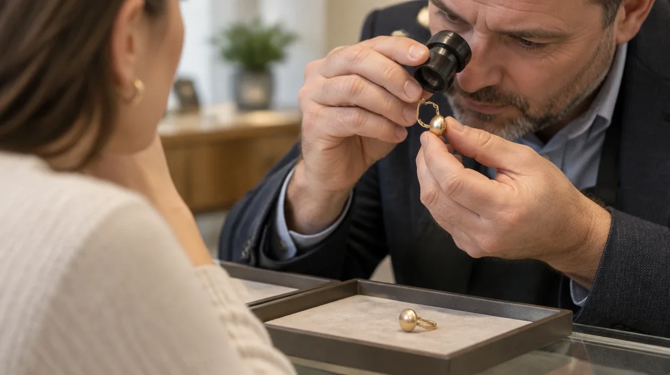 Jeweler inspects an omega earring’s hinge and clip through a loupe while its partner rests on a tray.