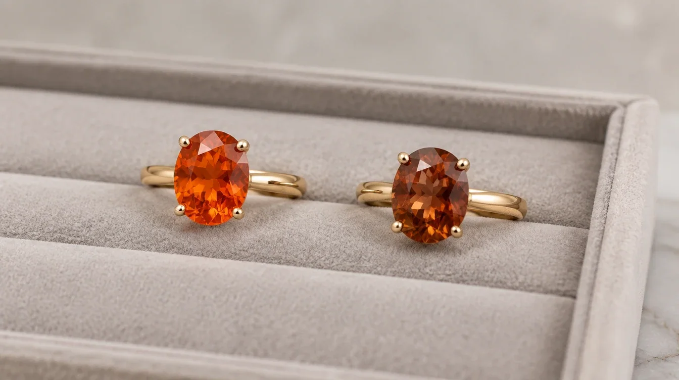Bright orange and cinnamon colored garnet rings in simple gold settings on a neutral tray.