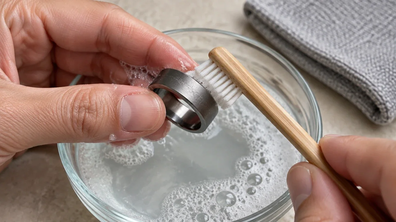 A plain tantalum band is gently cleaned with a soft brush above a bowl of lightly soapy water.
