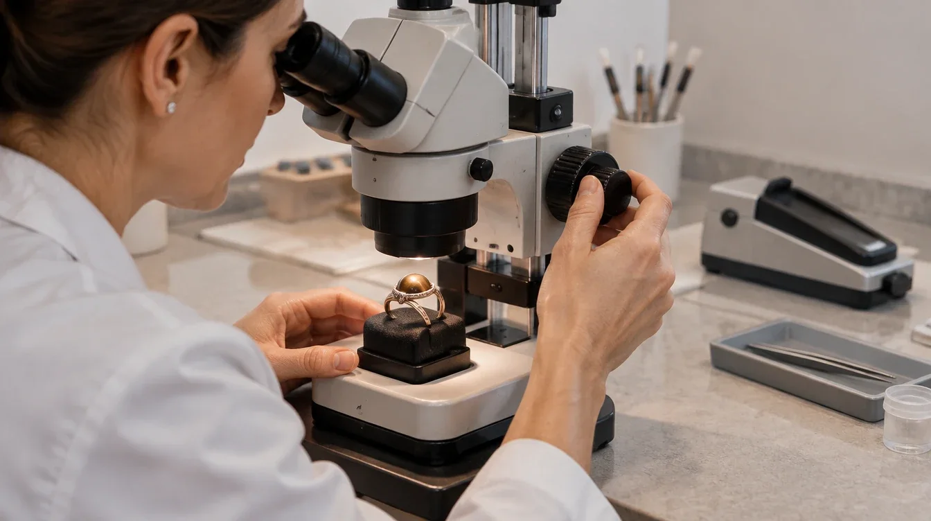 A gemologist examines a mounted cabochon ring through a microscope at a testing bench