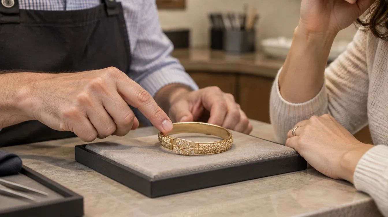 Jeweler discussing a bangle’s hinge and nearby decorative detail with its owner