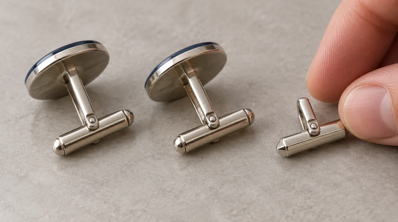 Two cufflink backs compared with an unattached swivel fitting that has a different bar shape