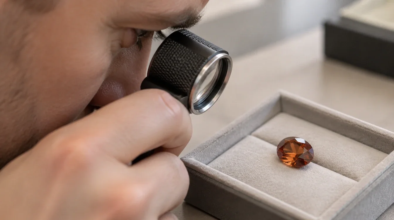 A jeweler uses a loupe to take a closer look at a cinnamon colored garnet.