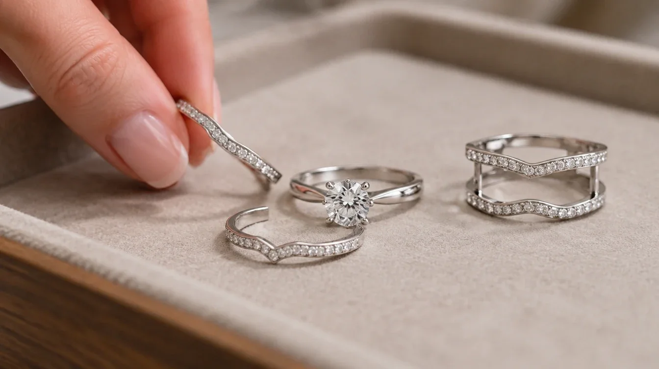 Jeweler lifts a separate contoured band beside an engagement ring and a connected enhancer