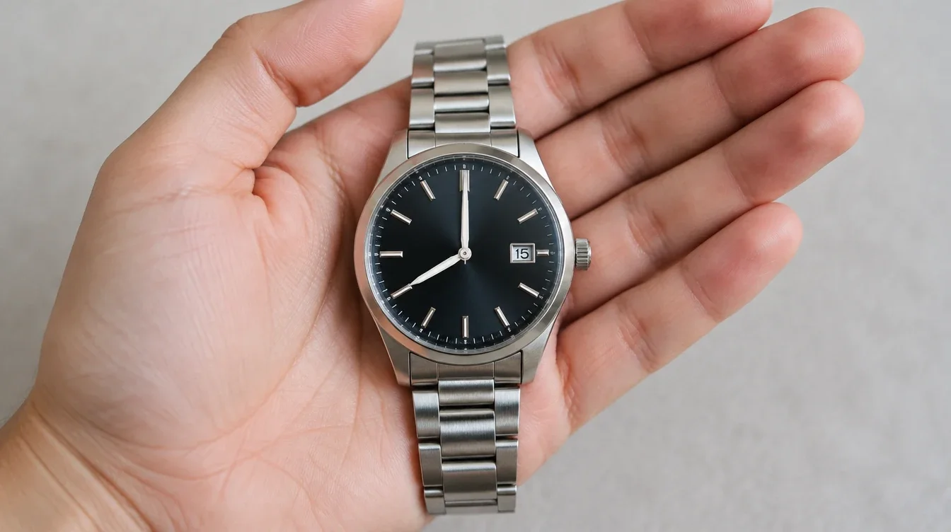 Analog date watch showing eight in an open palm, with no AM/PM indicator.