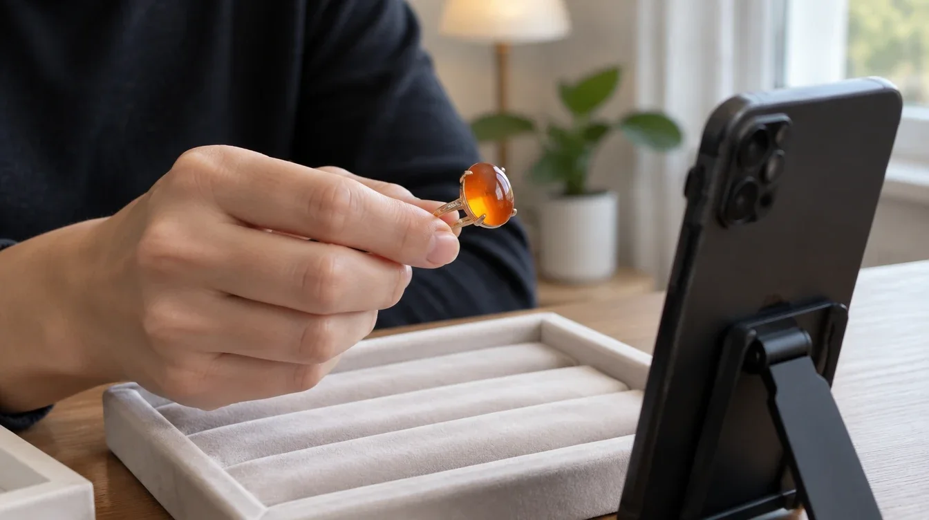 Seller gently tilting an opal ring above a padded tray while a phone records its appearance