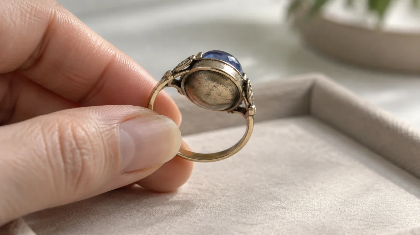 A ring held by its shank to show the solid metal back beneath its stone