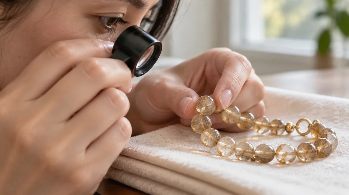 Person viewing a rutilated quartz bracelet bead through a loupe above a folded cloth