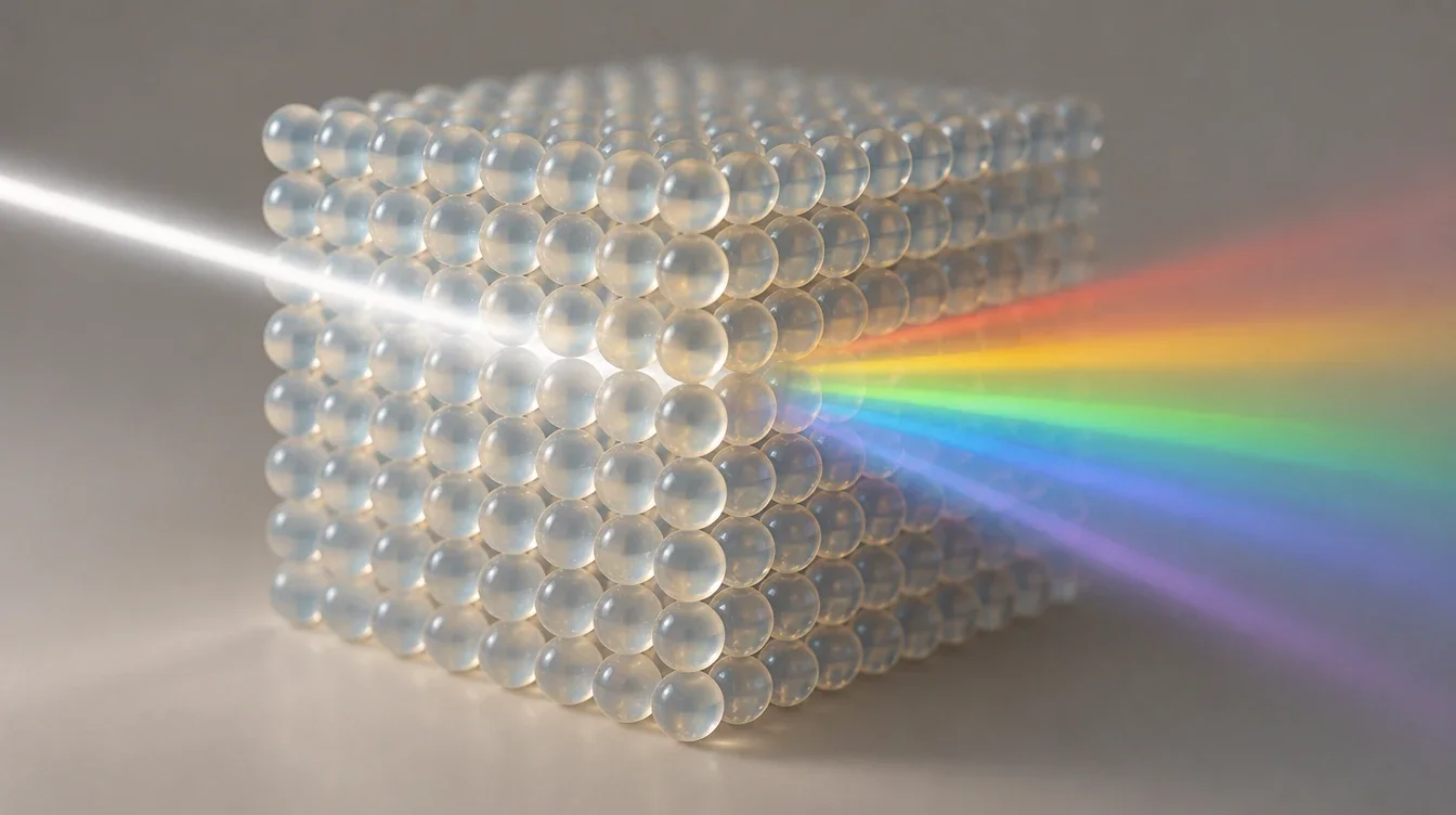 Conceptual illustration of ordered silica spheres interacting with light to produce spectral colors