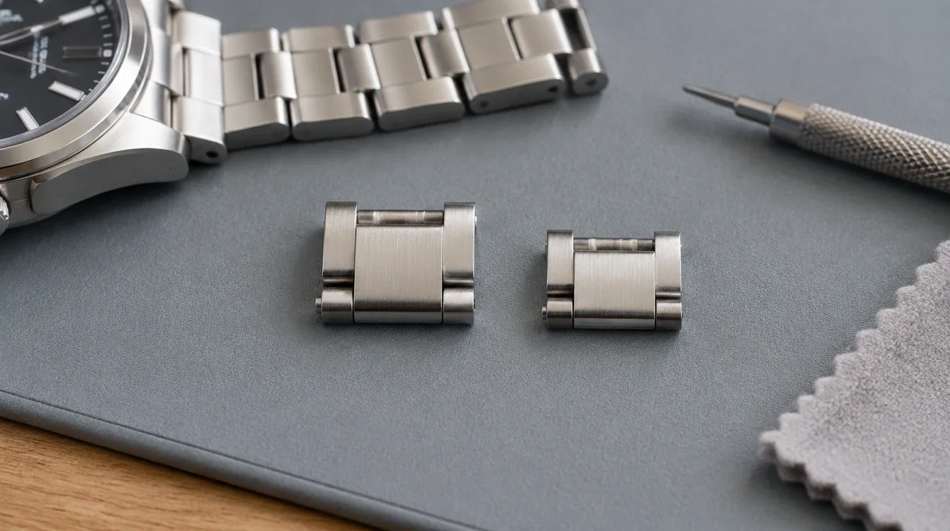 Full and shorter watch bracelet links aligned beside each other for a length comparison