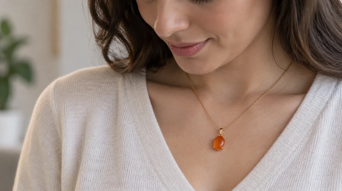 Person viewing an orange fire opal pendant hanging naturally against a plain shirt