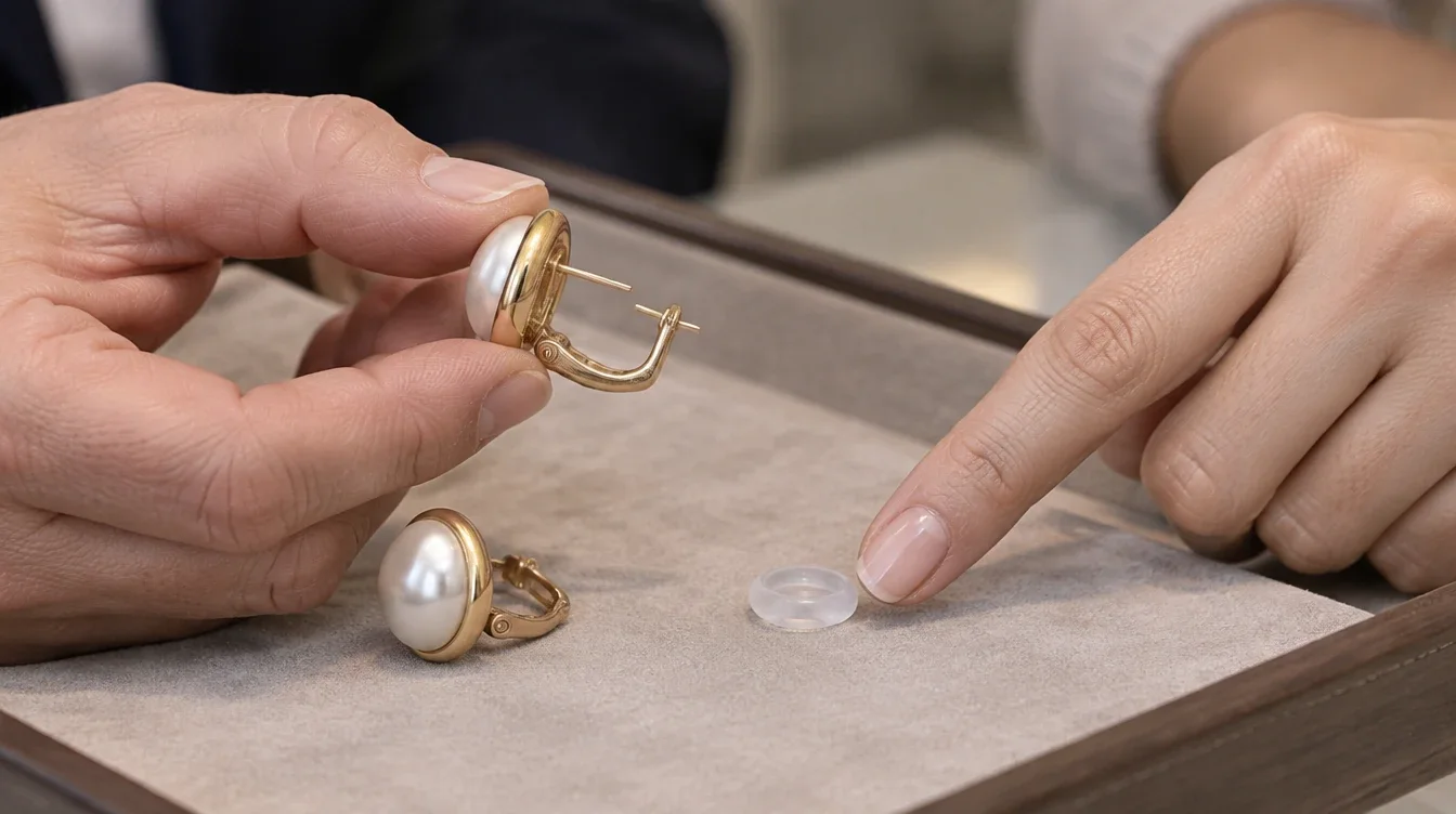 Owner discusses a loose silicone comfort pad beside an open omega back earring held by a jeweler.