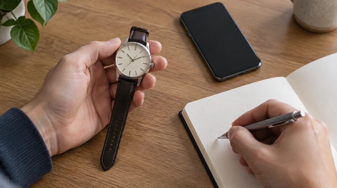 Person checking a mechanical watch beside a phone and notebook