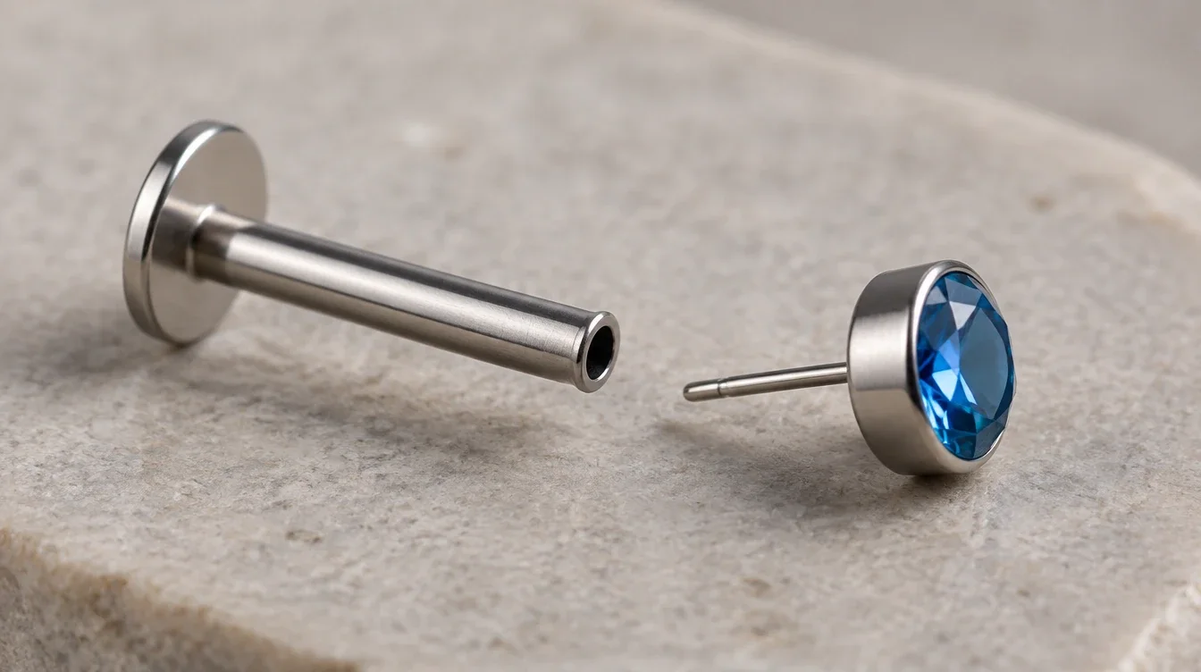 A blue threadless stud top and its hollow flat-back post resting apart on a clean mat.