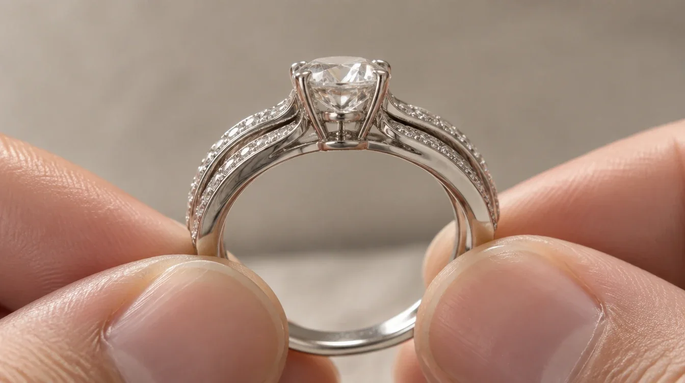 Side view of a low basket engagement ring between enhancer bands showing setting clearance