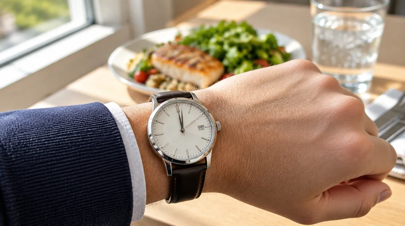 Owner checks a date watch showing twelve beside a sunlit lunch table.