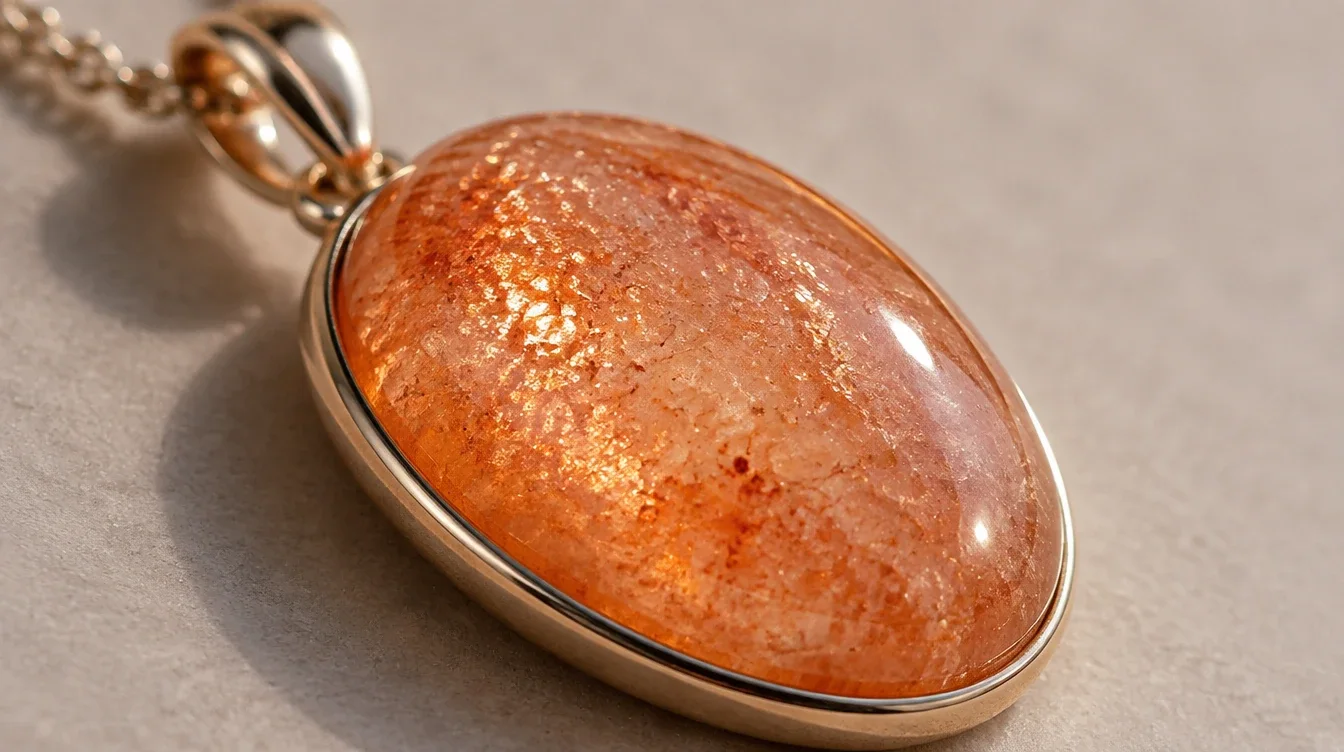 Close view of a sunstone pendant with scattered internal reflections beneath its curved surface.