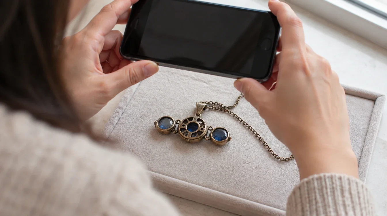 A phone held above a pendant to photograph its open center back and closed side settings