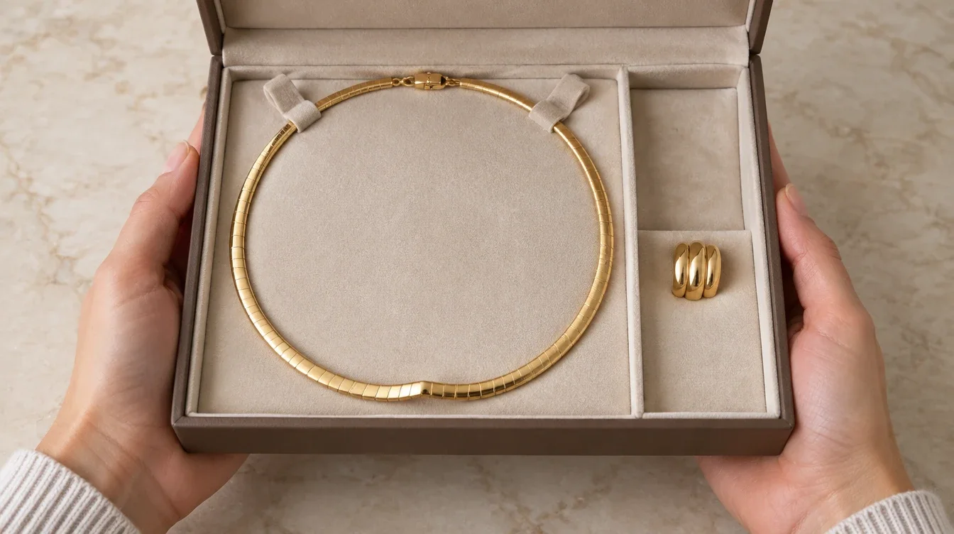 Omega necklace resting in a gentle curve in a padded box with its slide pendant stored separately