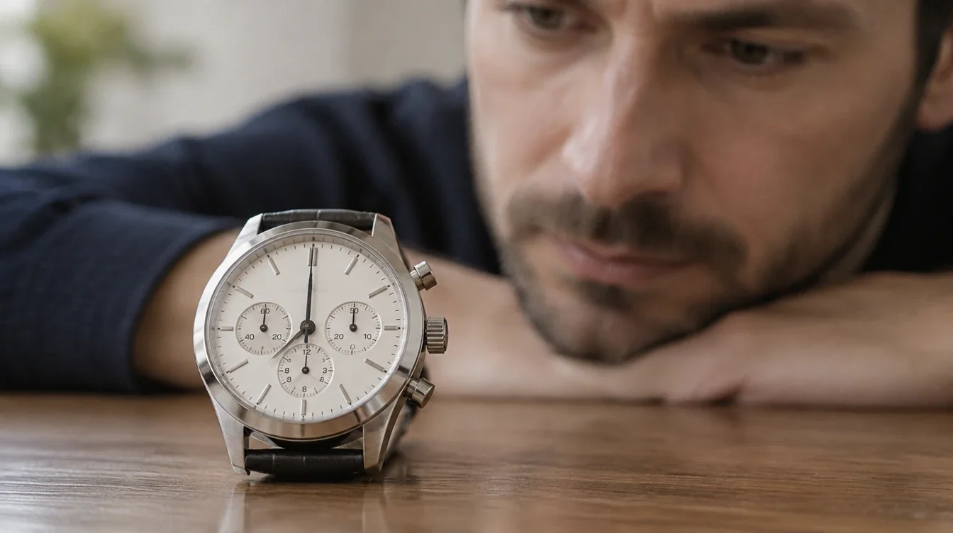 Owner inspecting all chronograph counters while keeping their hands clear of the controls.