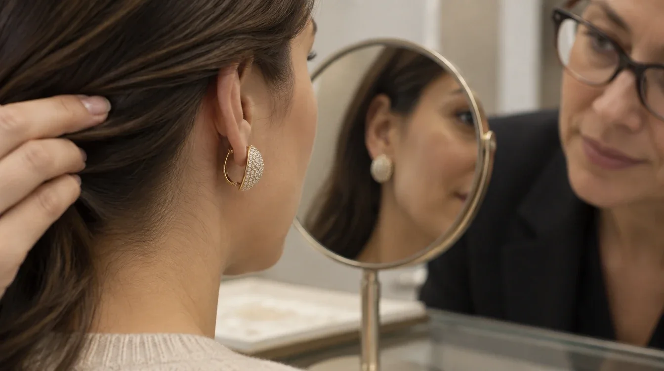 Wearer and jeweler check an omega earring’s position using a mirror, with hands clear of the clip.