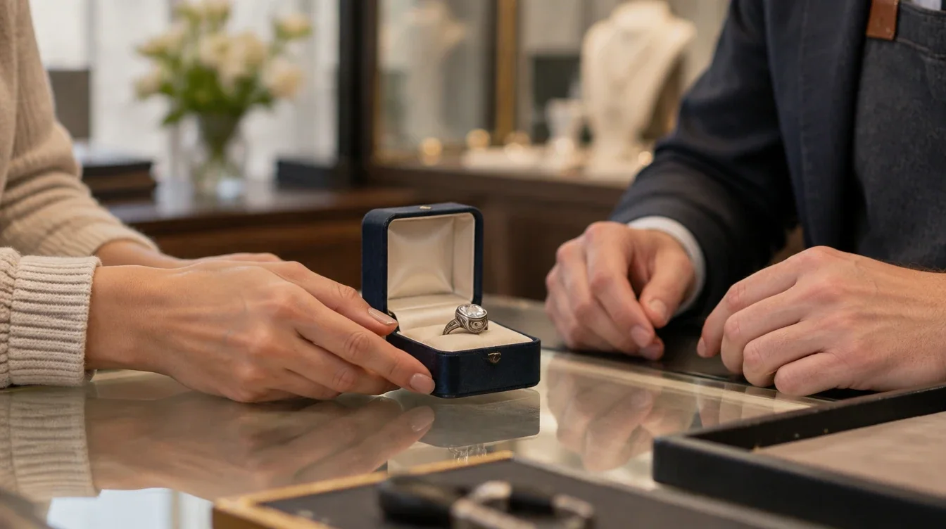 An owner presents a ring in an open padded case at a jeweler's counter for inspection