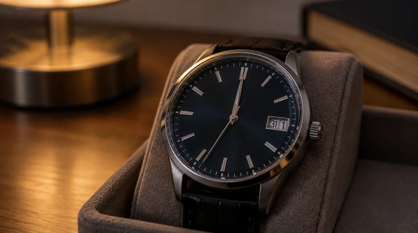 Close view of a date watch near midnight with its calendar partway through a change.