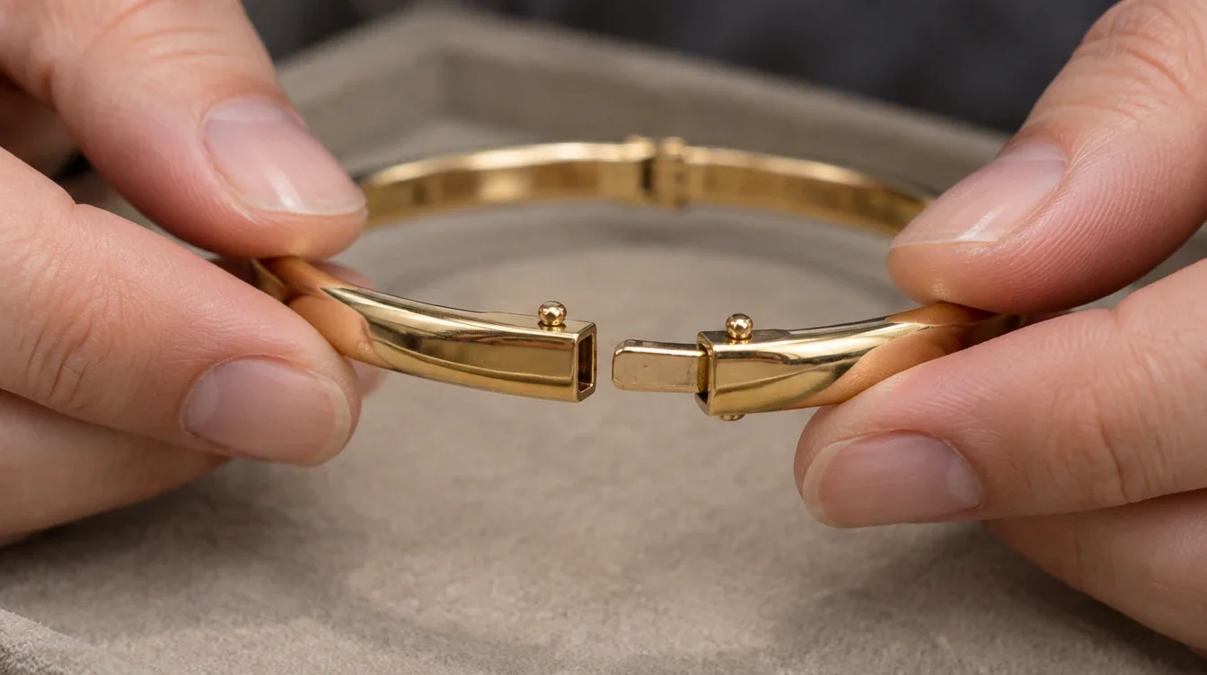 Jeweler aligning a hinged bangle’s tongue clasp with its receiving box