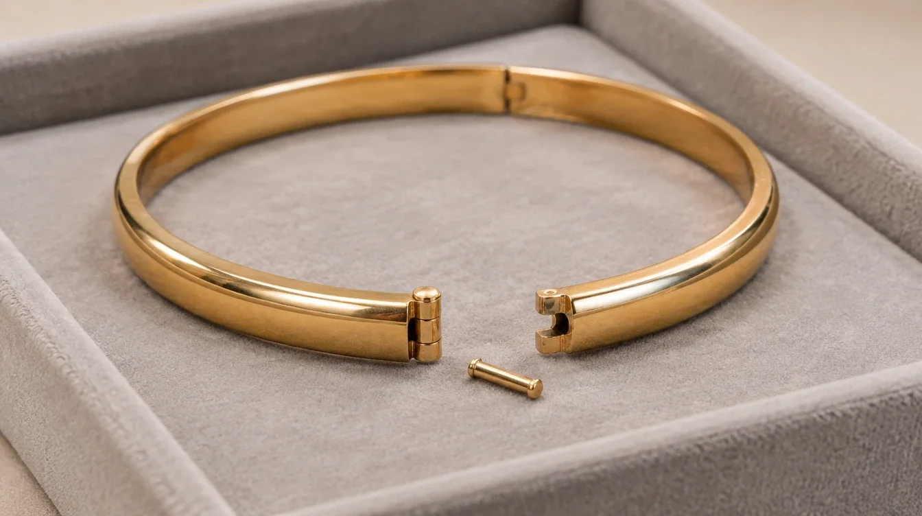 Gold bangle with a separated hinge and loose pin resting on a padded jeweler’s tray