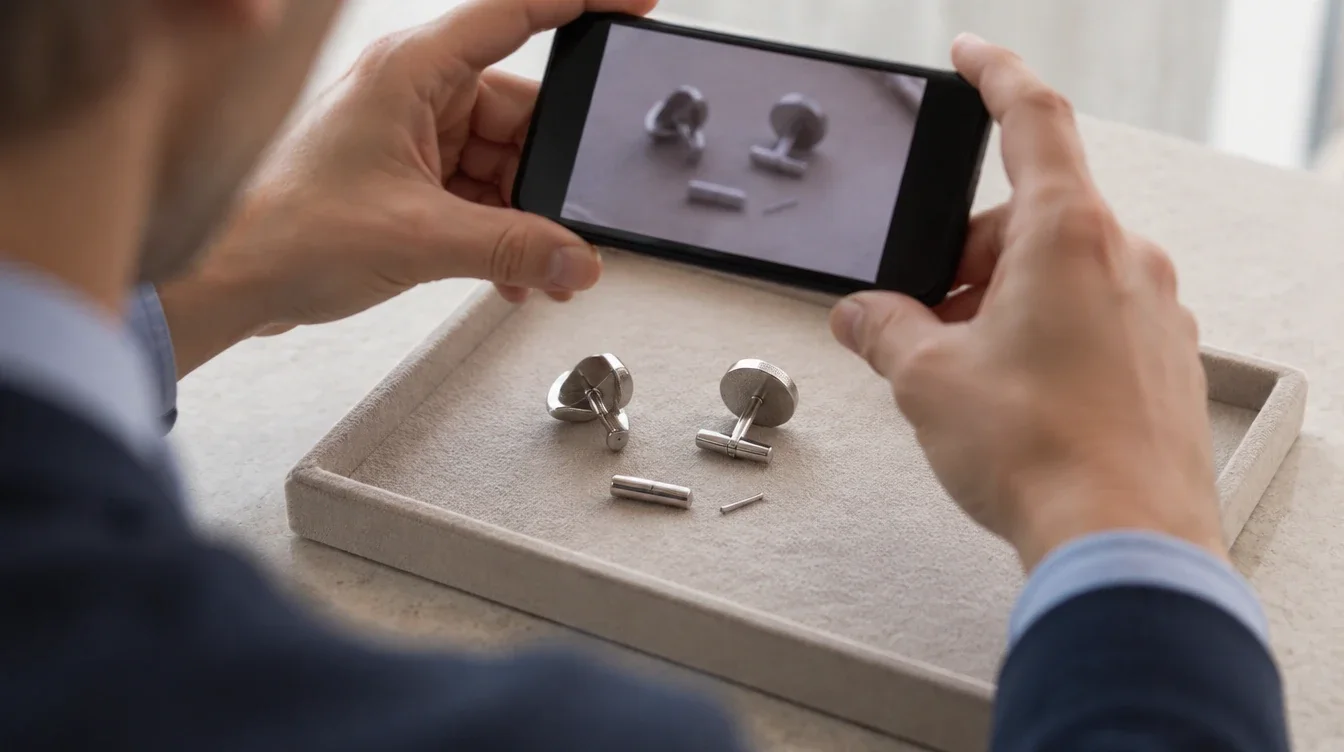 Person photographs both cufflink backs and loose pieces on a tray for a repair inquiry
