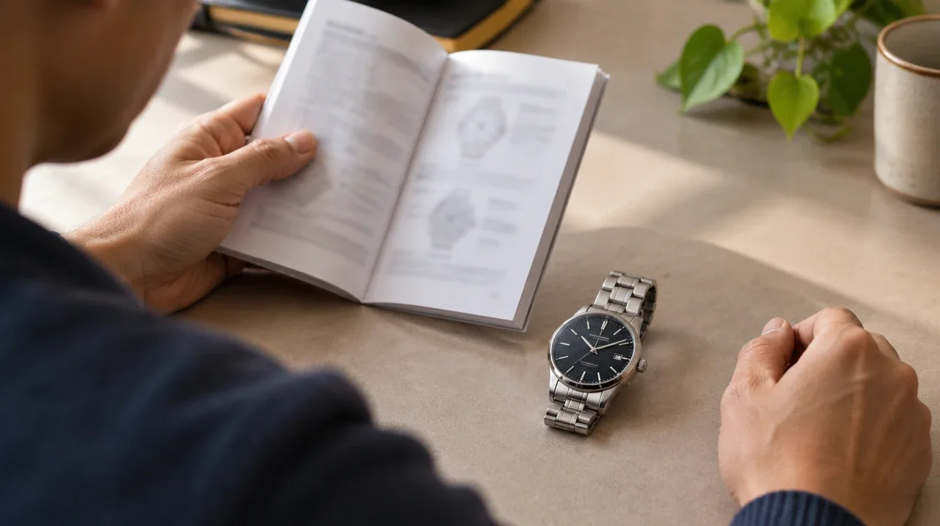 Owner consulting an instruction booklet beside an intact watch before attempting a reset