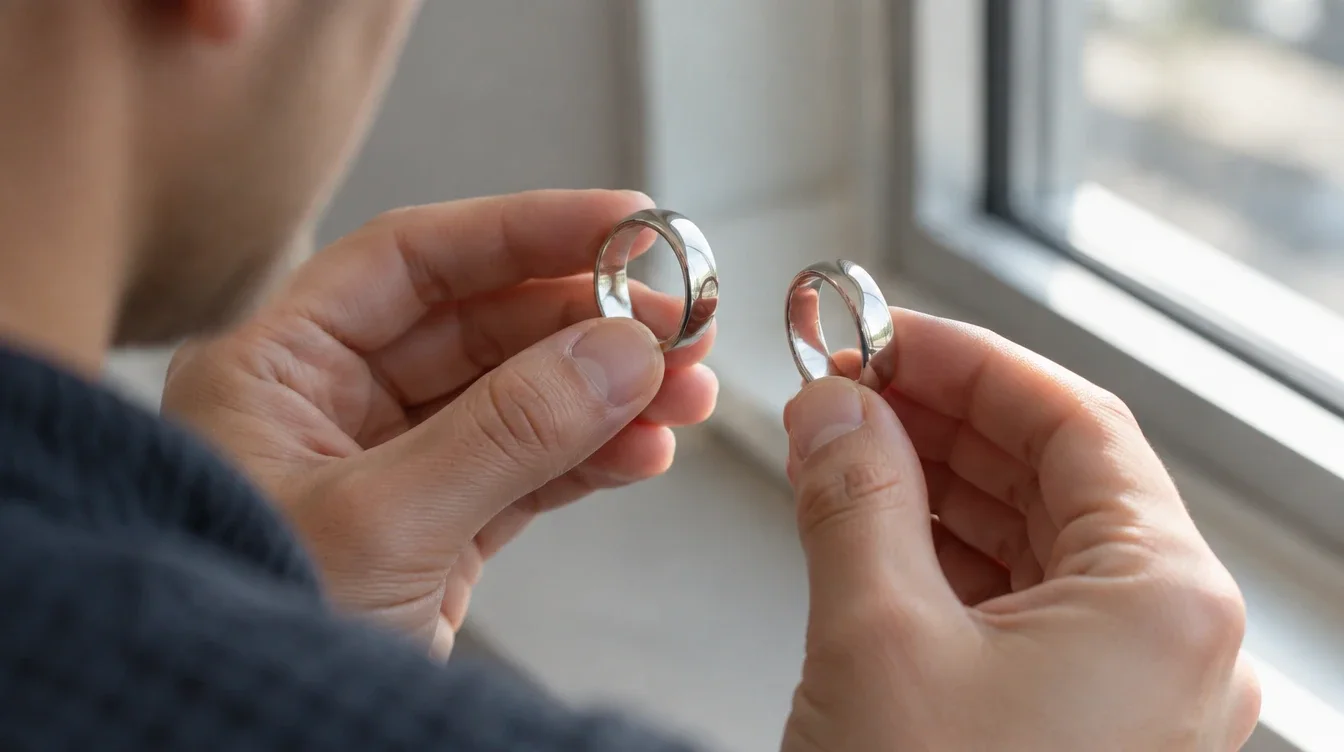 Shopper tilting two polished wedding bands beside a window to compare their finishes