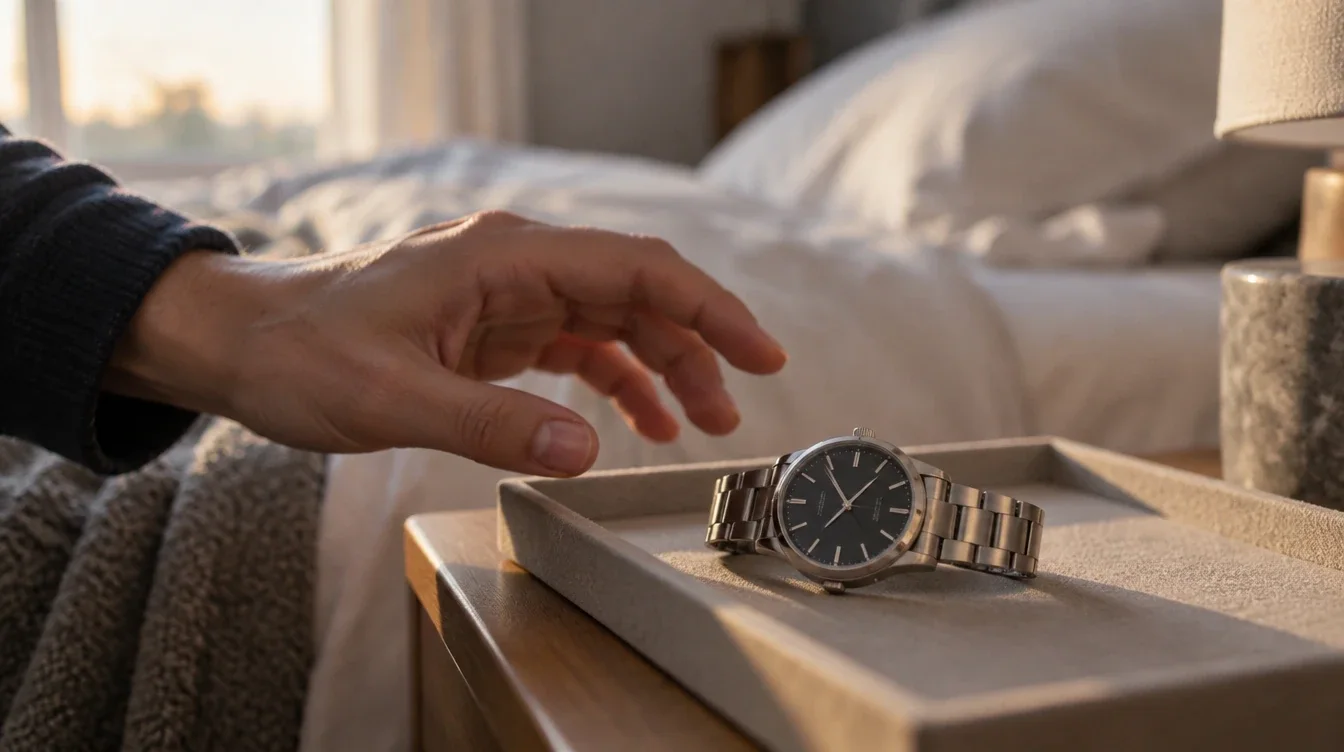 An automatic watch rests on a bedside tray as its owner reaches for it at dawn.
