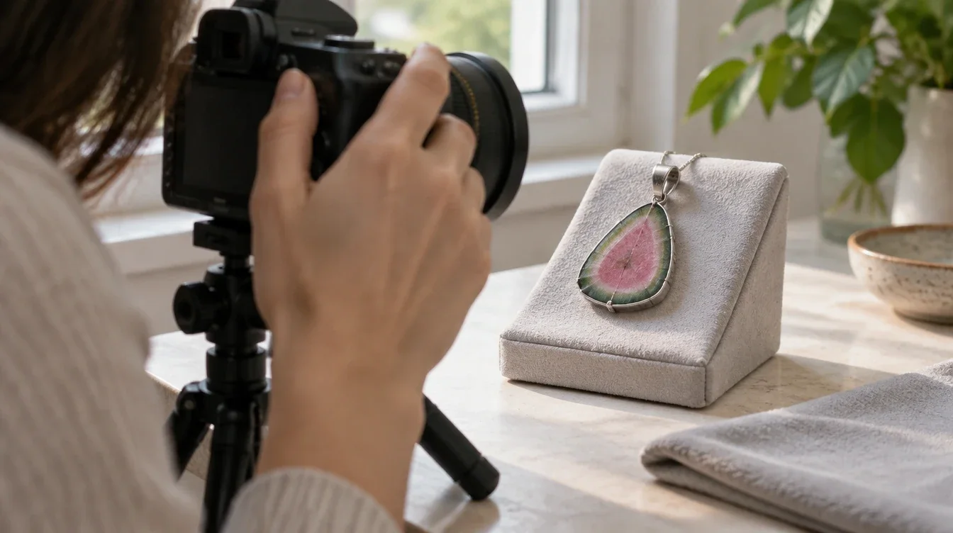 Camera positioned to photograph the back and edge of a supported watermelon tourmaline pendant