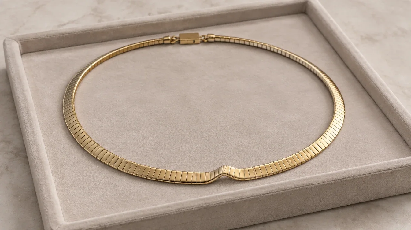 Gold omega necklace resting on a padded tray with a visible kink in its front curve