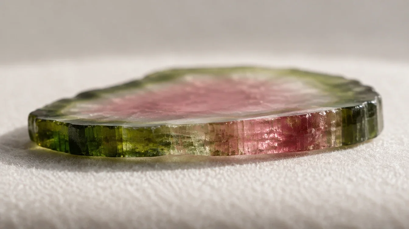 Low side view of a watermelon tourmaline slice showing its edge thickness on a soft pad