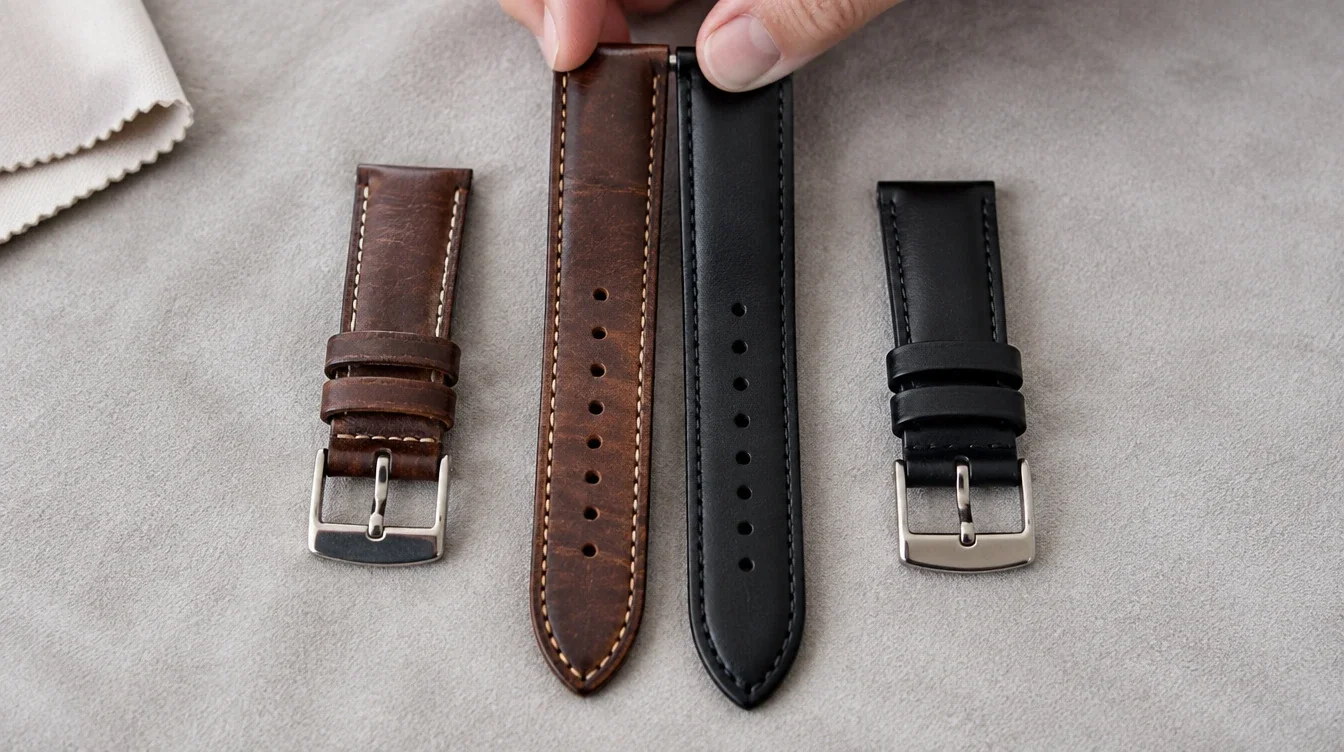 Used and new leather strap halves aligned at their watch ends to compare lengths.