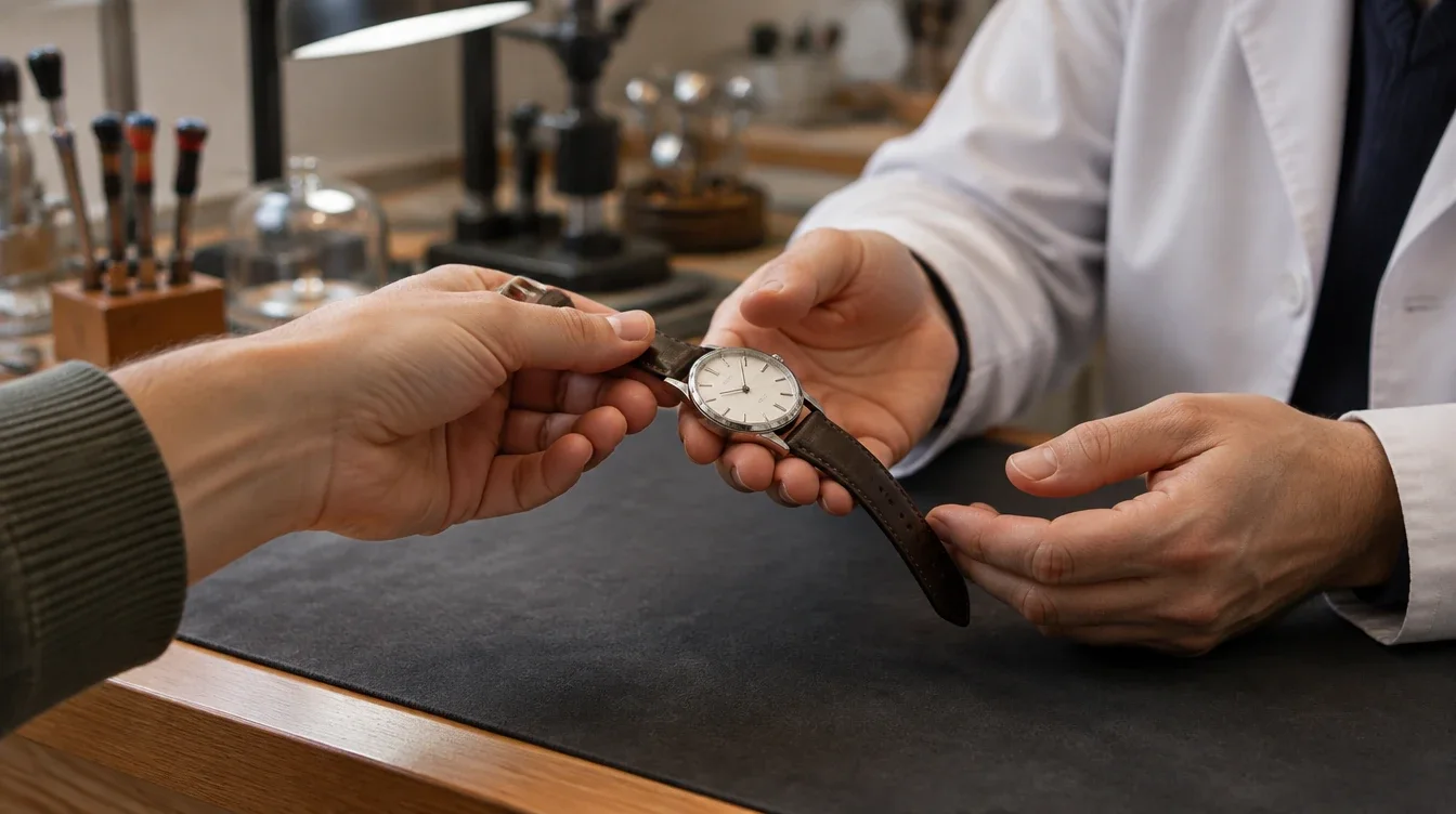 Watch owner handing a wristwatch to a watchmaker across a padded counter.