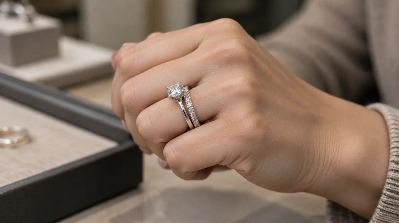 Wearer gently curls fingers while trying an engagement ring and connected enhancer together