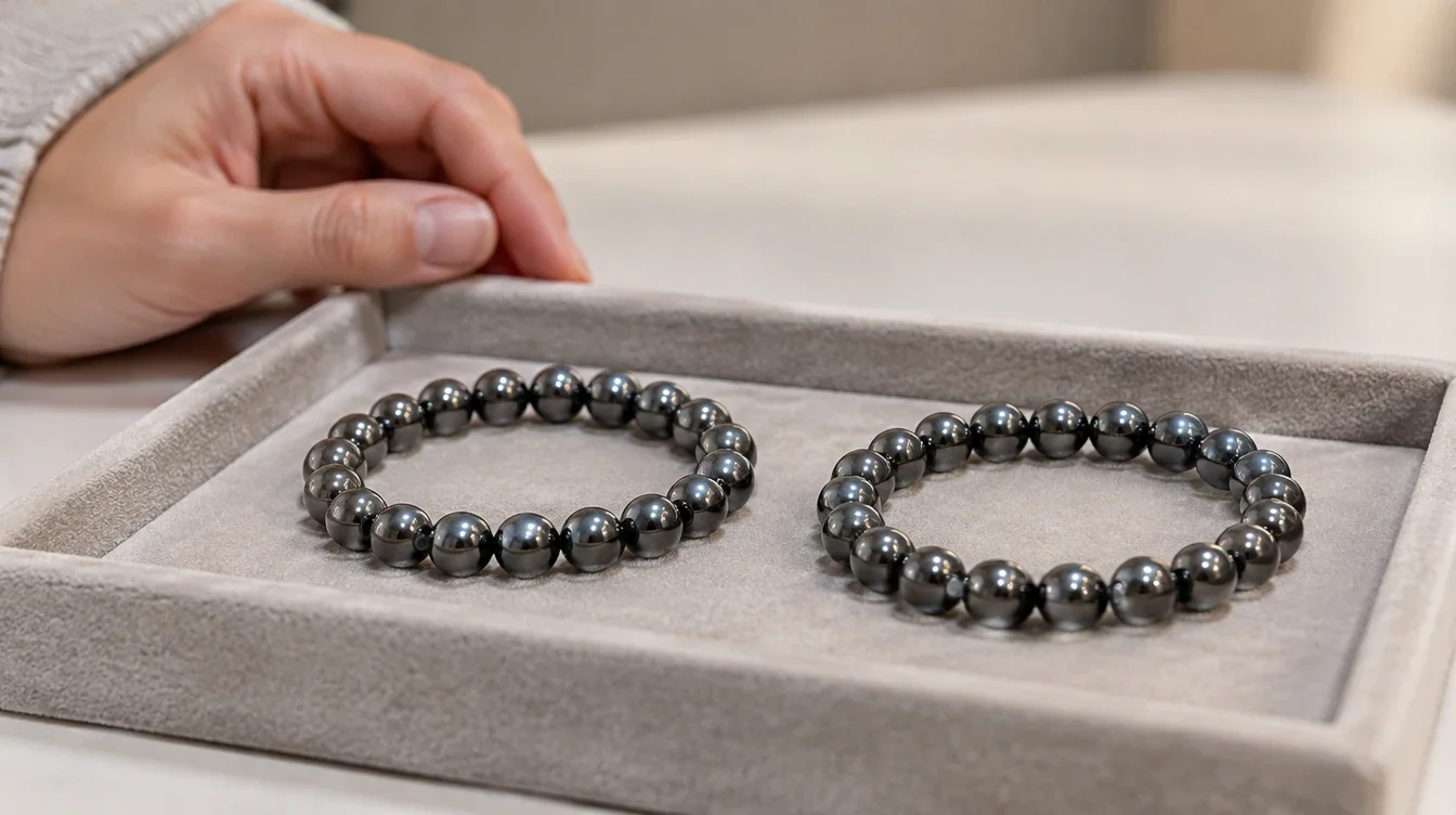 Two similar gunmetal bead bracelets on a jeweler's tray beside a shopper's hand