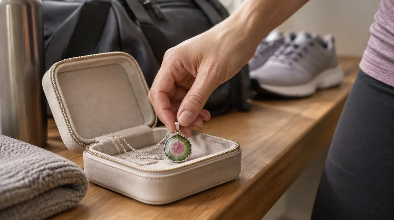 A removed watermelon tourmaline pendant being placed in a padded case before exercise