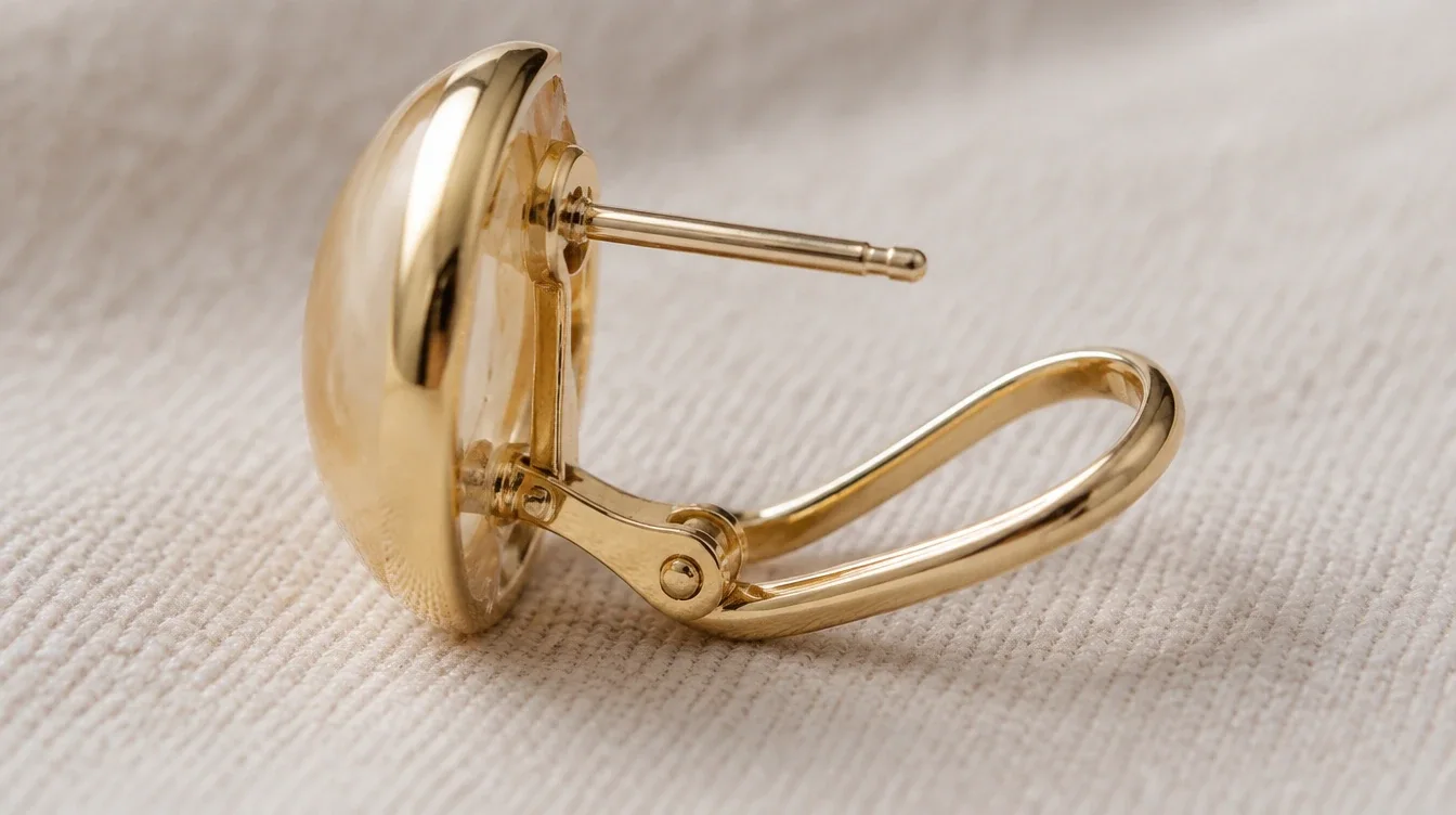 Rear view of a pierced omega back earring showing its open curved clip, hinge, and straight post.