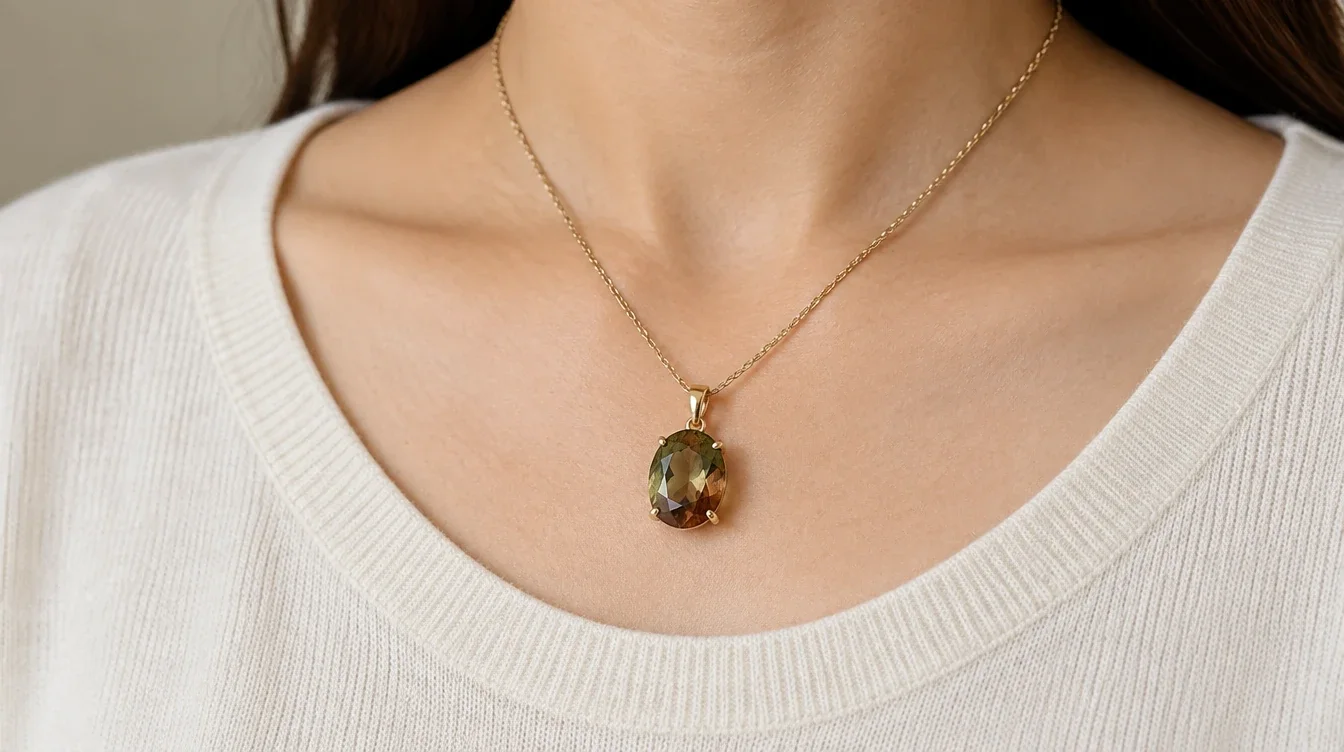 Andalusite pendant hanging upright against a cream top in soft room light