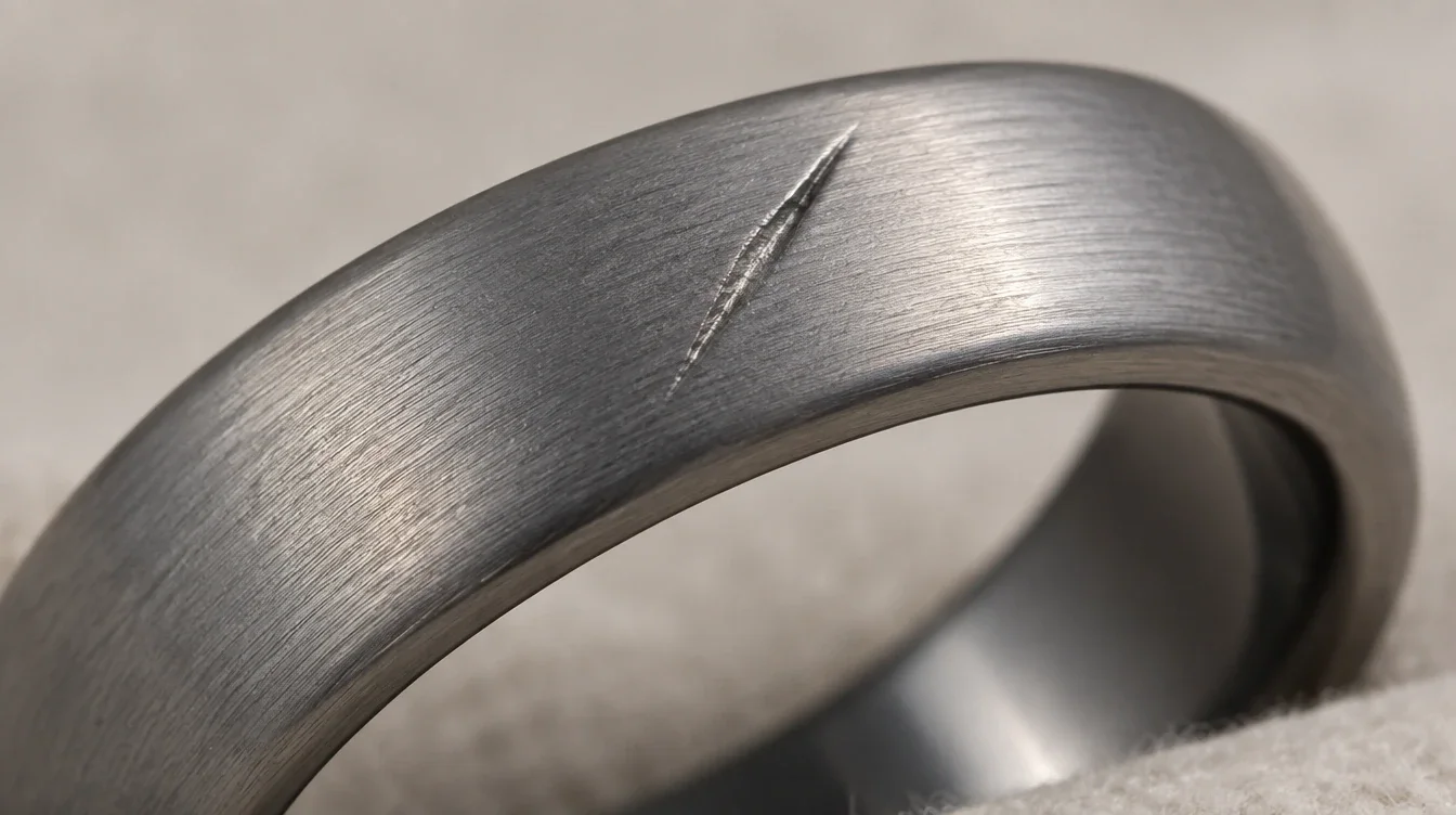 Close view of a localized groove near the rounded edge of an unaltered tantalum wedding band.