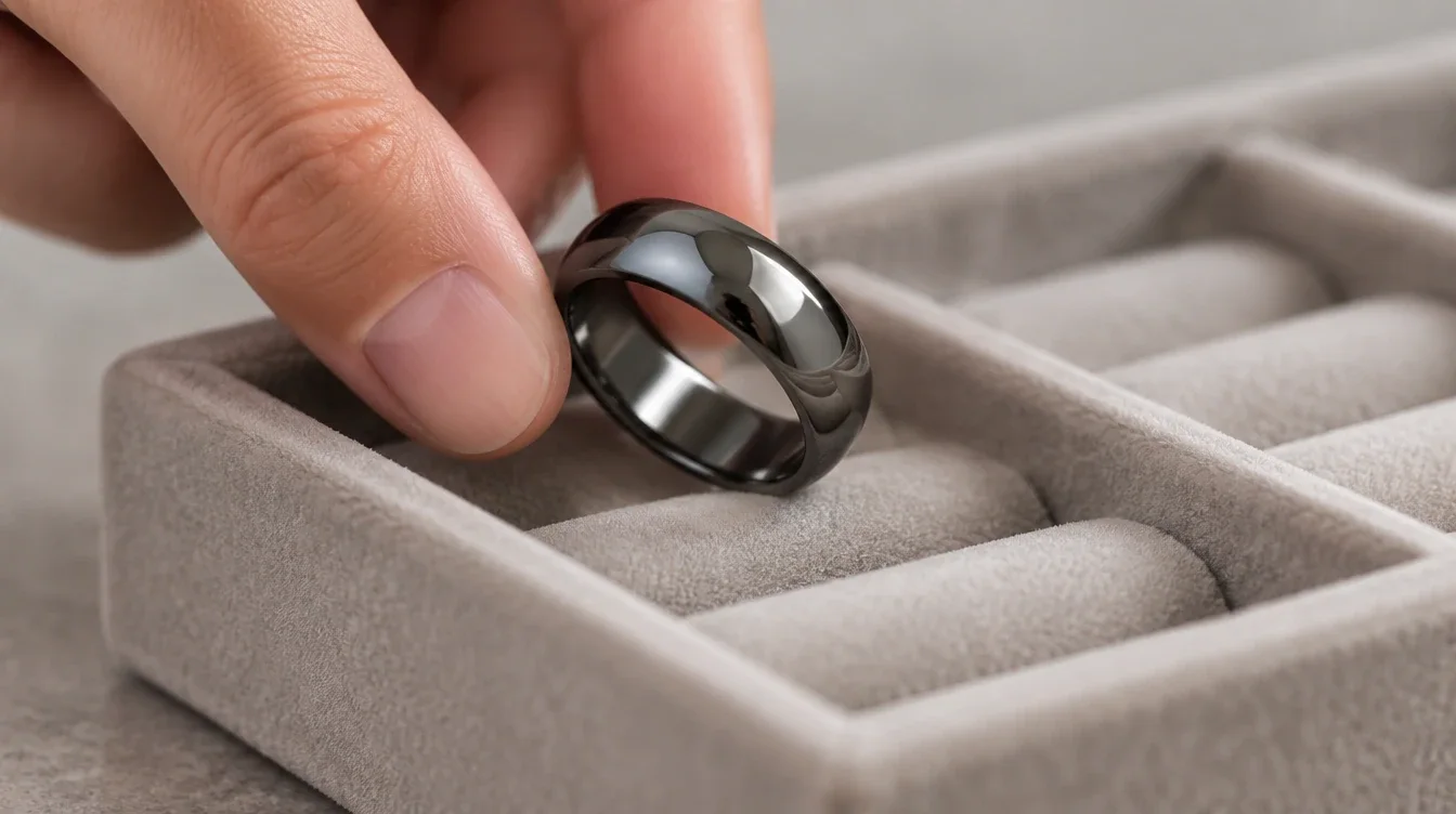 Hand gently lowering a polished dark metallic stone ring into a soft lined tray