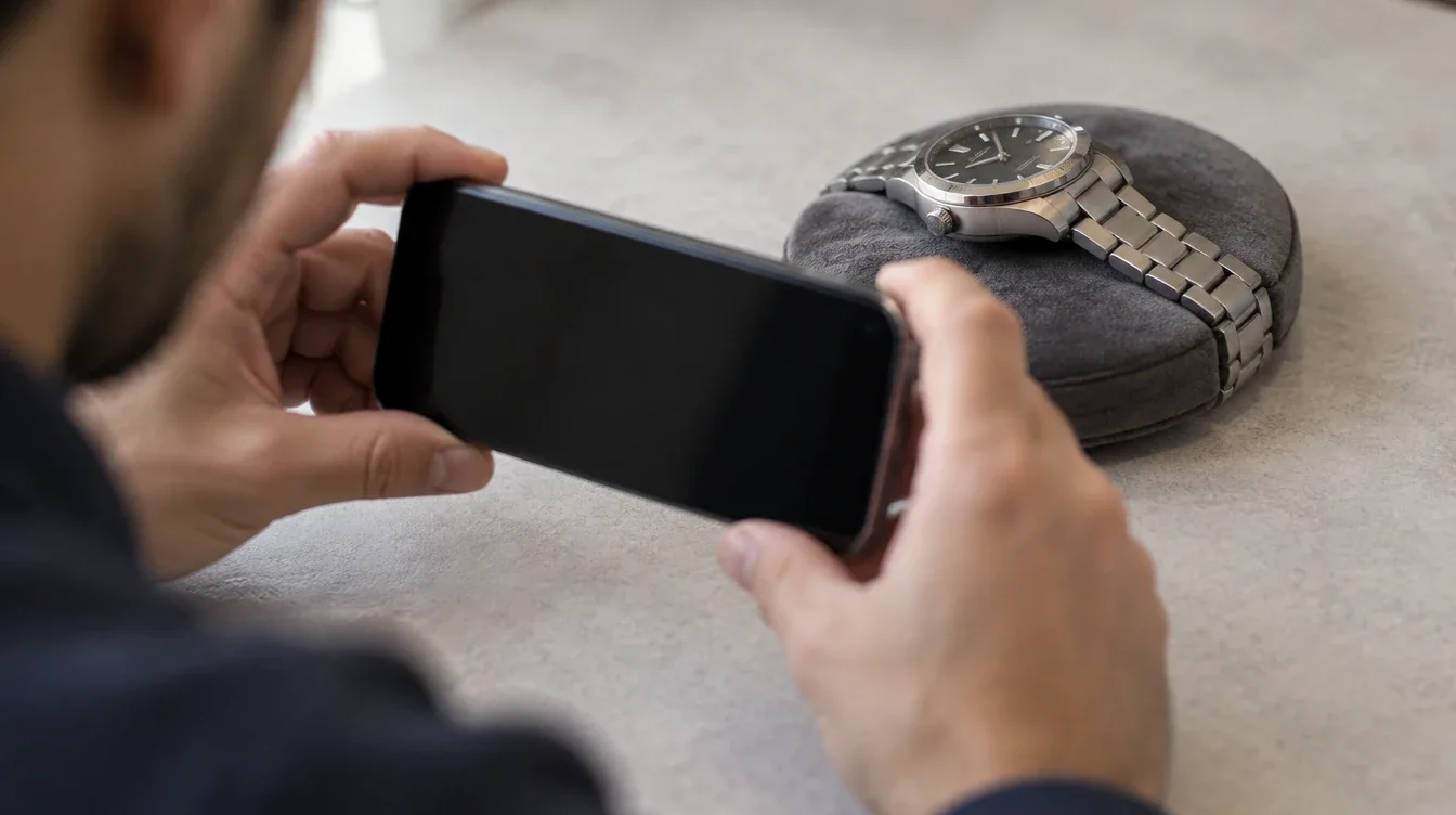 Owner using a smartphone to photograph the crown side of a watch resting on a dry pad