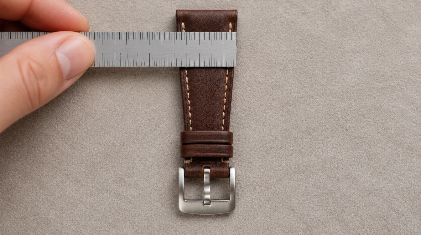 Ruler across a leather strap’s broad watch end, with its taper and narrower buckle end visible.