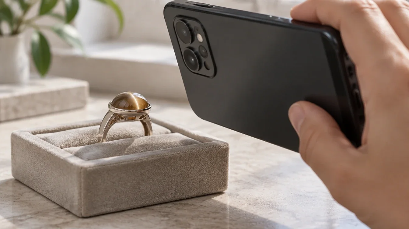 A phone camera aimed at the side and open underside of a mounted cabochon ring