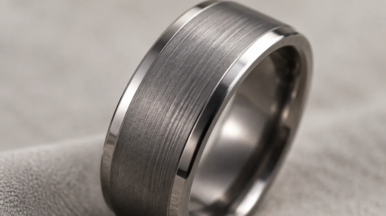 Macro view of a tantalum band showing the boundary between a brushed face and polished bevel.